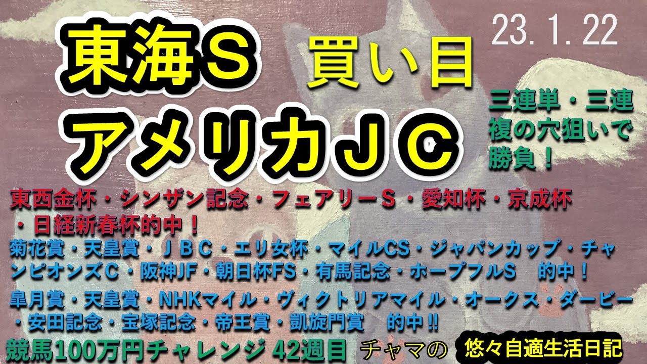 競馬買い目公開　アメリカジョッキーＣ　東海Ｓ　2023.1.22　三連単・三連複の穴狙いだ！　金杯・シンザン記念・愛知杯・日経新春杯勝利！　波に乗って今週も当てるぞ！