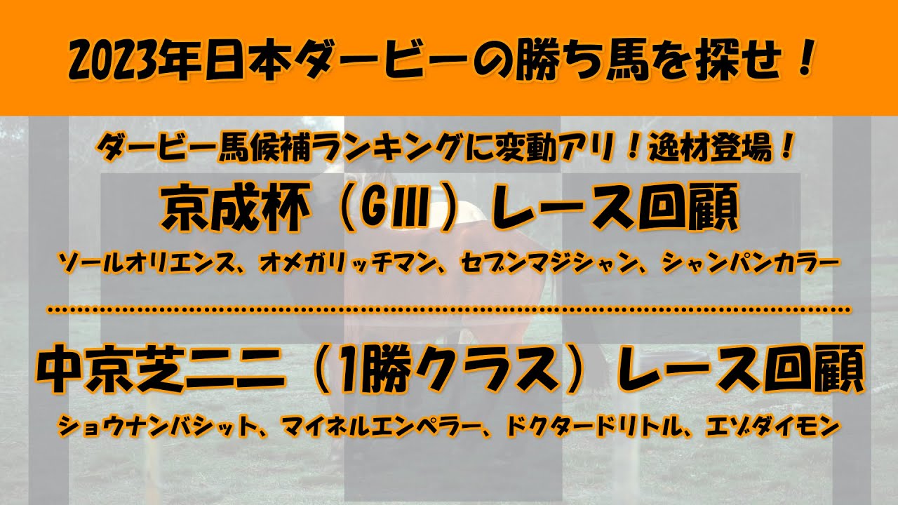 2023年日本ダービー馬を探せ！#37　ダービー馬候補ランキングに変動アリ！逸材登場！京成杯（GⅢ）レース回顧。中京芝二二（1勝クラス）レース回顧。