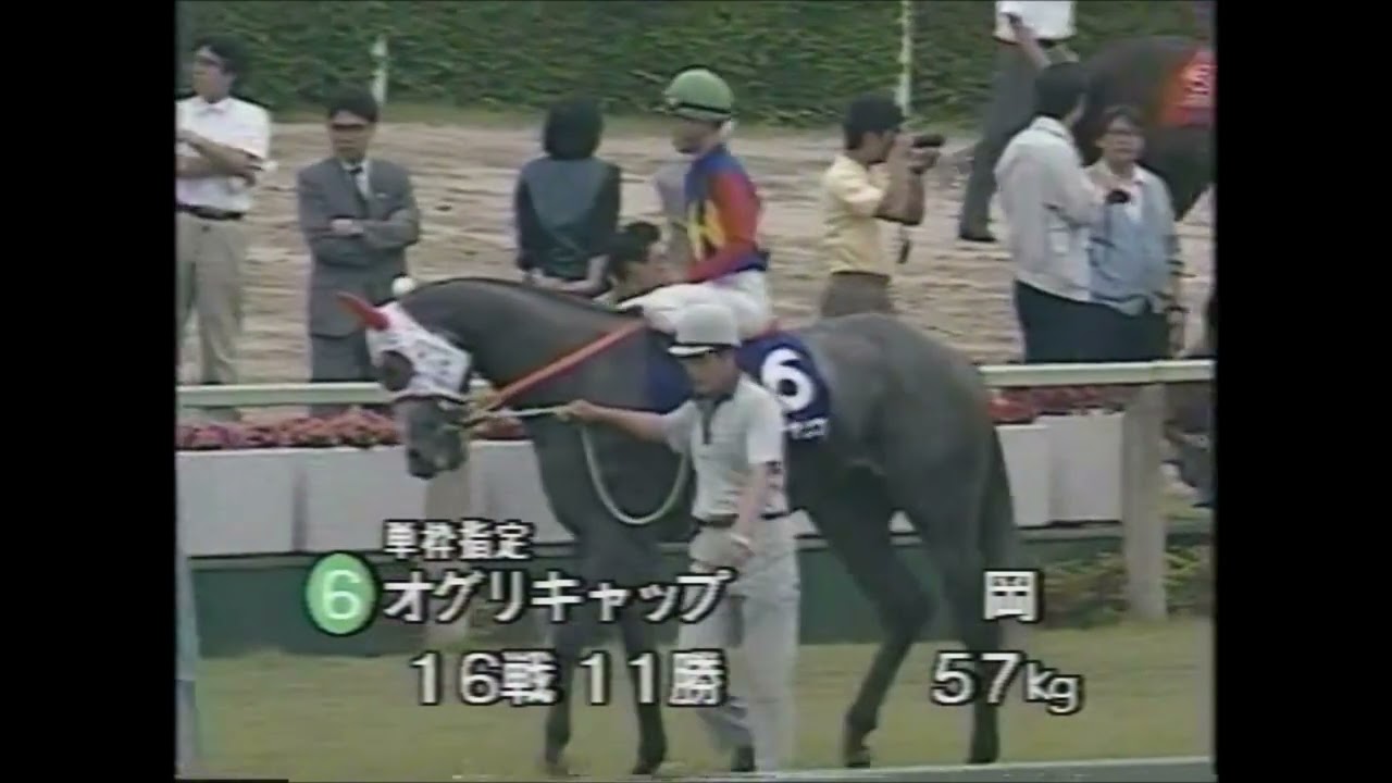 『これが世界へ羽ばたこうというオグリキャップです！今日の鞍上は弱冠、岡潤一郎騎手。』第３１回　宝塚記念 （ＧⅠ）　本馬場入場　　出走馬：イナリワン、オサイチジョージ他　実況：杉本清　＃キャッスルリバー