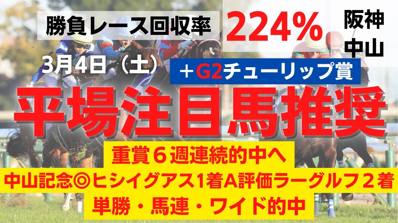 【平場予想】2023 3月4日 （土）2場注目馬推奨＋チューリップ賞　５週連続重賞的中！　まさに有料級を無料w　６週連続重賞的中へ！！