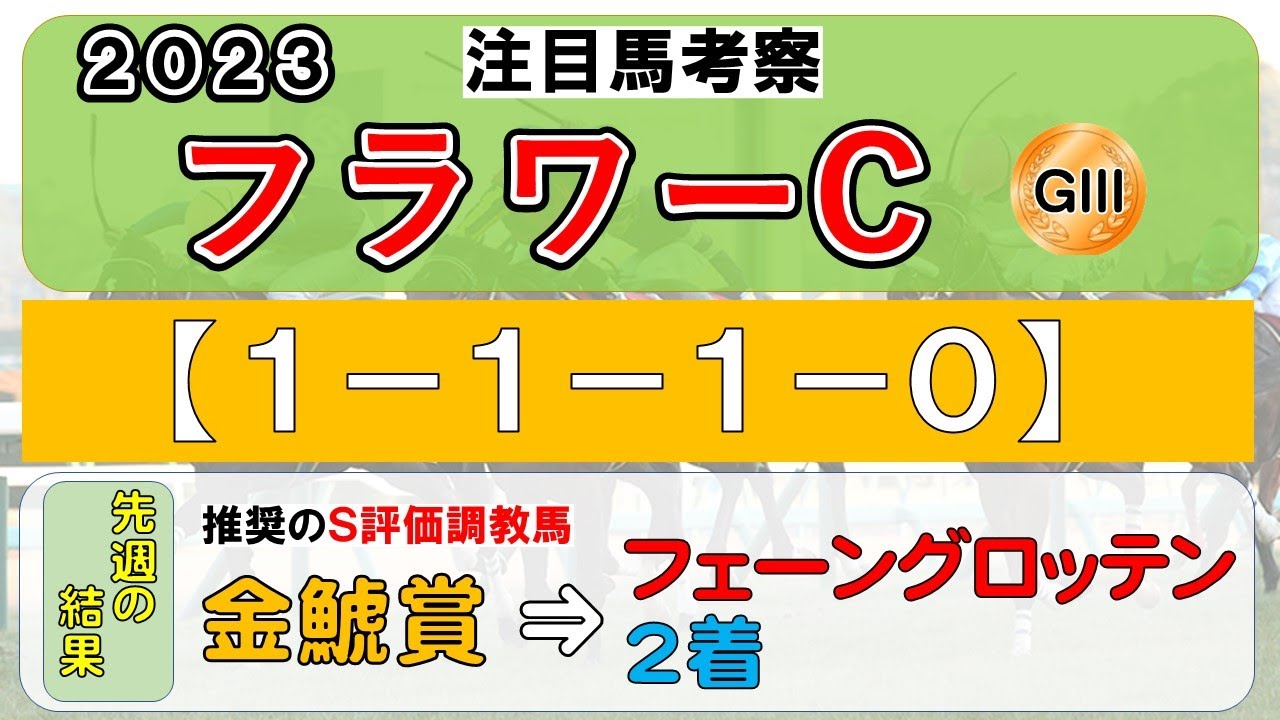 【フラワーカップ2023】注目馬考察（１－１－１－０）の鉄板データ、注目馬・１週前追い切り４頭を考察