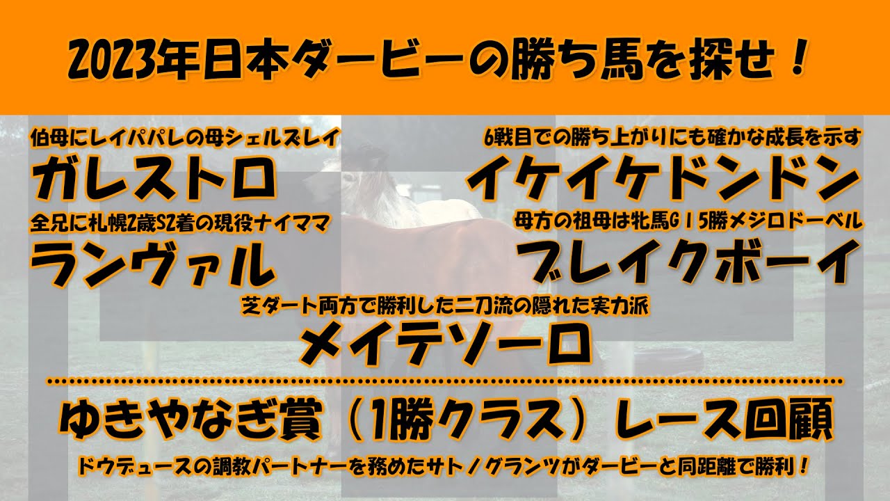 2023年日本ダービー馬を探せ！#49　ガレストロ、ランヴァル、イケイケドンドン、ブレイクボーイ、メイテソーロを注目馬として取り上げました。サトノグランツが勝利したゆきやなぎ賞レース回顧。
