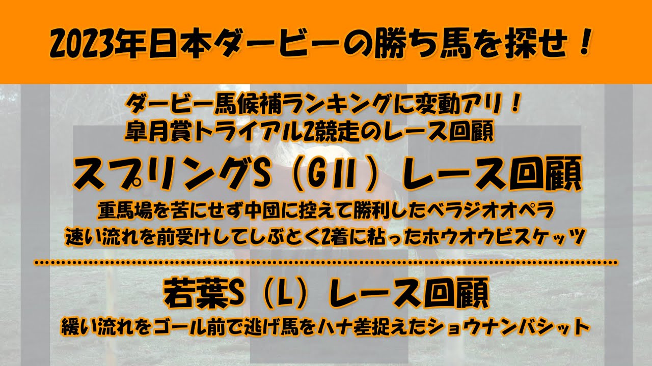 2023年日本ダービー馬を探せ！#50　皐月賞トライアル2競走のレース回顧。スプリングS（GⅡ）、若葉S（L）。べラジオオペラ、ホウオウビスケッツ、ショウナンバシットの回顧をさせて頂きました。