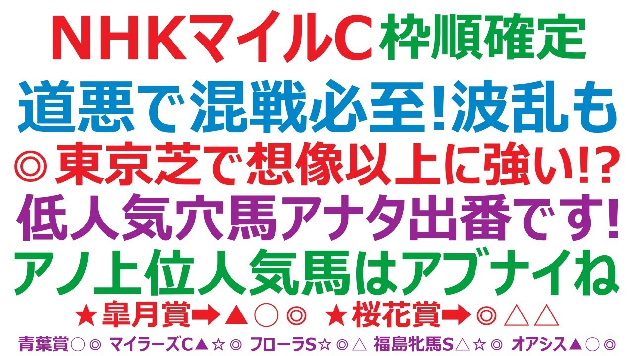 NHKマイルカップ2023枠順確定　道悪で混戦必至！ アノ上位人気馬はアブナイ。◎東京芝で想像以上に強い！？