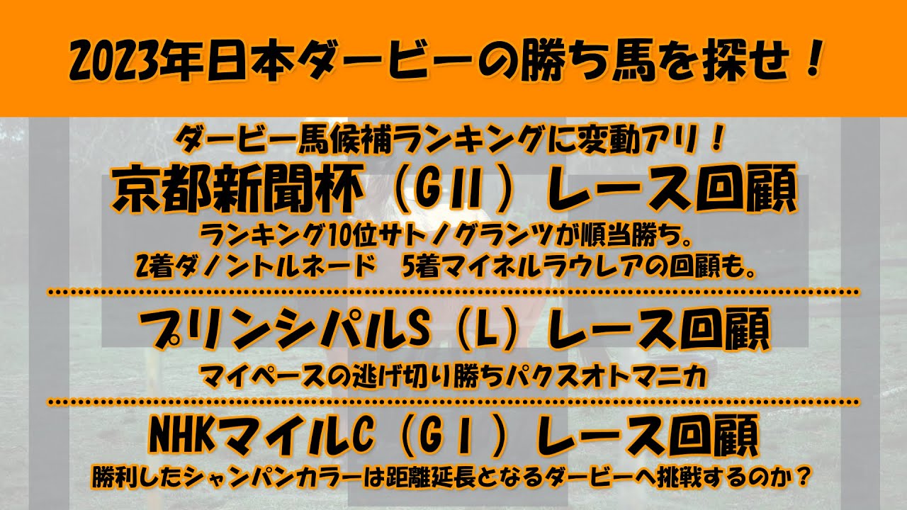 2023年日本ダービー馬を探せ！#57　ダービー最終便となる京都新聞杯（GⅡ）、プリンシパルS（L）、NHKマイルC（GⅠ）のレース回顧。サトノグランツは本番でも有力候補か？