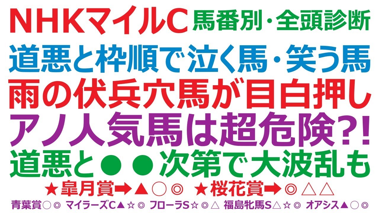 NHKマイルカップ2023・馬番別・全頭診断　道悪と枠順で泣く馬・笑う馬。アノ人気馬は道悪で超危険？！ 雨の伏兵穴馬が目白押しです。