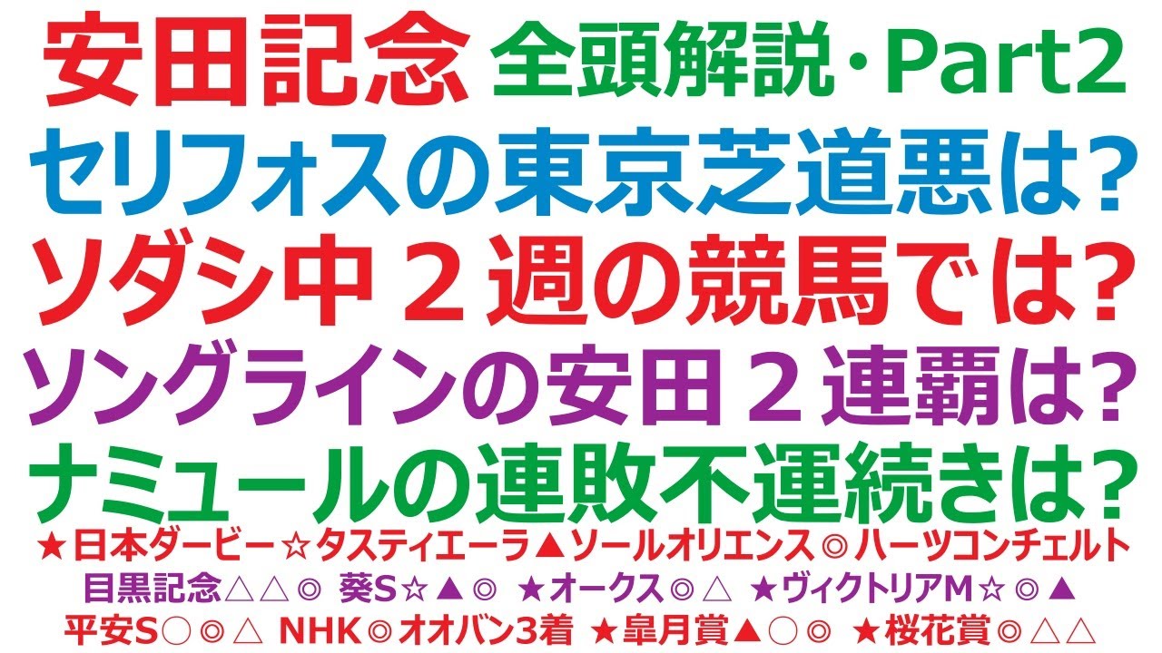 安田記念2023・全頭解説・Part2　セリフォス東京芝の道悪は？ ソダシ中2週の競馬は？ ソングラインの安田2連覇は？ ナミュールの連敗不運続きは？ 各馬の能力・長所・不安点を解説します。