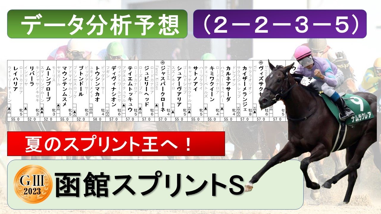 【函館スプリントＳ2023】データ分析予想、データ消去法、有力馬考察、（２－２－３－５）データ分析該当馬、夏のスプリント王へ！