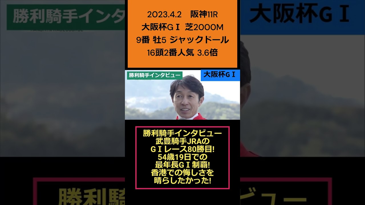 2023年4月2日 阪神11R大阪杯GⅠ「ジャックドール」武豊騎手勝利騎手インタビュー #shorts #武豊 #ジャックドール #競馬