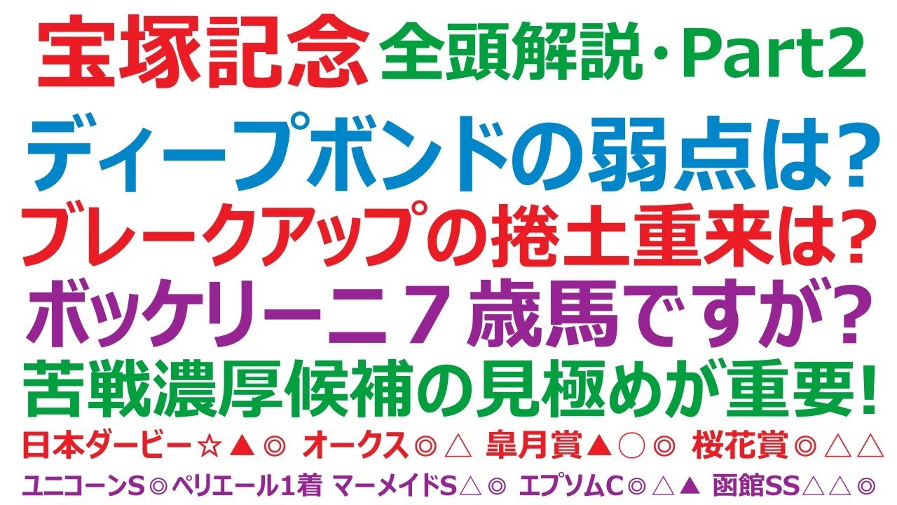 宝塚記念2023・全頭解説・Part2　ディープボンドの弱点は？ ブレークアップの捲土重来はある？ ボッケリーニ7歳馬ですが？ 苦戦濃厚候補の見極めが重要です。