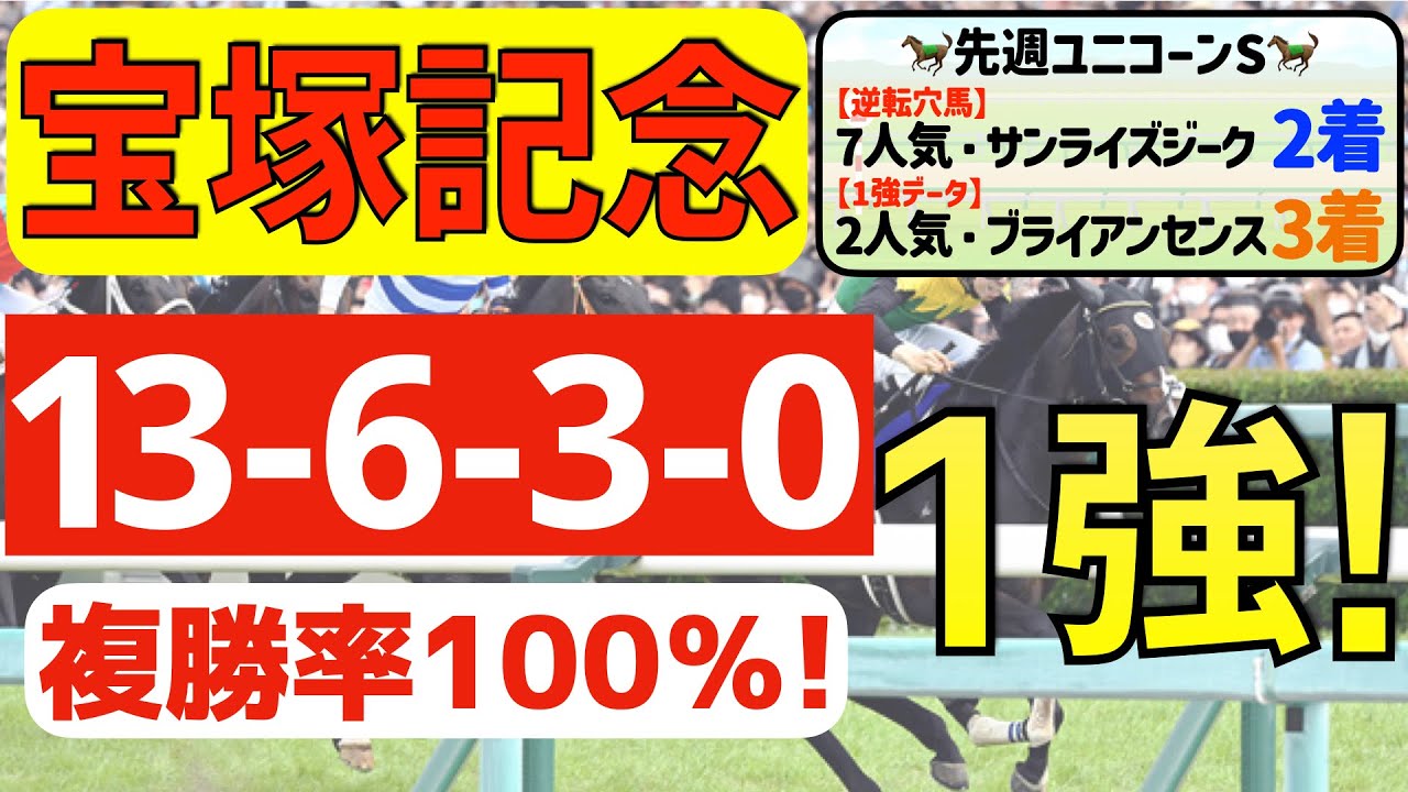 【宝塚記念2023】逆襲の１強「13-6-3-0」複勝率100％の鉄板データ発見！先週ユニコーンS②着サンライズジーク＆③着ブライアンセンスのＷ的中！現在「10週連続馬券内！」