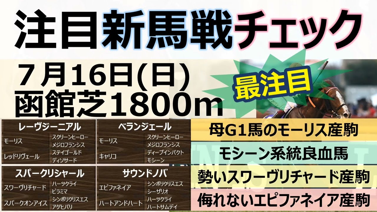 【新馬戦注目馬】7月16日(日)エフフォーリアと同じ血統構成「サウンドノバ」モシーン孫「ベランジェール」、レッドリヴェール息子「レーヴジーニアル」、トゥザヴィクトリーひ孫「スパークリシャール」が激突