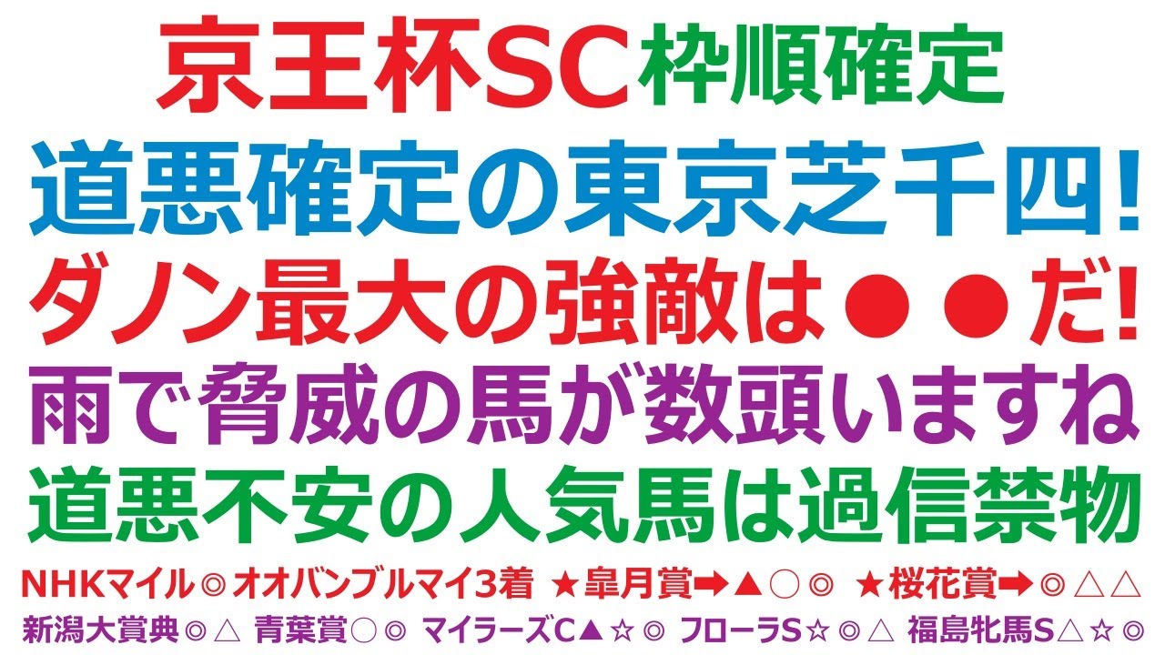 京王杯スプリングカップ2023枠順確定　道悪必至の東京芝1400m。ダノンスコーピオン最大の強敵は●●です！ 雨で脅威の馬が数頭いますね。