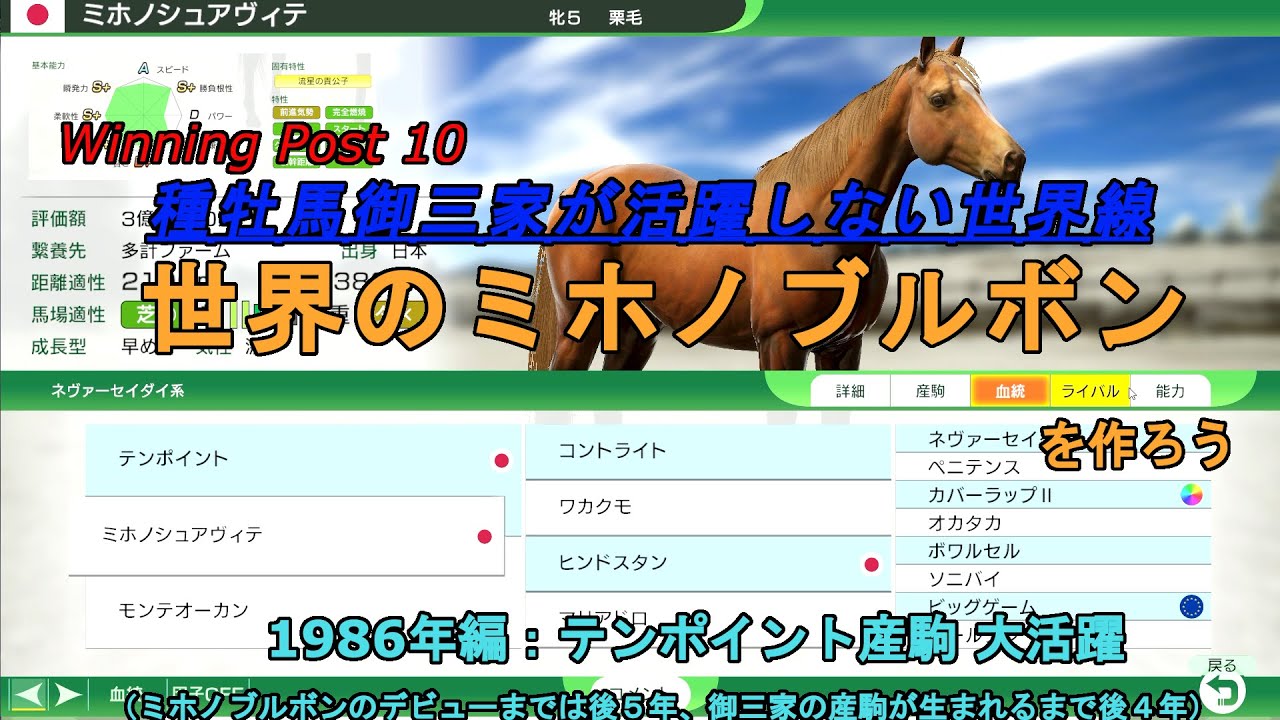 【ウイニングポスト１０（Winning Post10）】種牡馬御三家が活躍しない世界線で世界のミホノブルボンを作ろう 1986年編：テンポイント産駒 流星の令嬢？の活躍【ゆっくり実況】