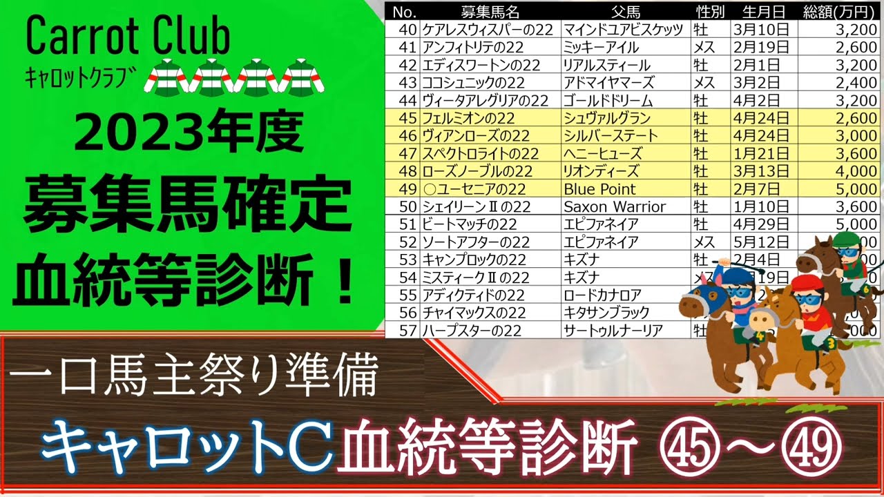 【一口馬主】キャロット募集馬45～49血統診断！注目は「フェルミオンの２２」種牡馬を選ばない繁殖能力の高さ！シュヴァルグランの種牡馬能力次第で重賞級も狙えるか！？