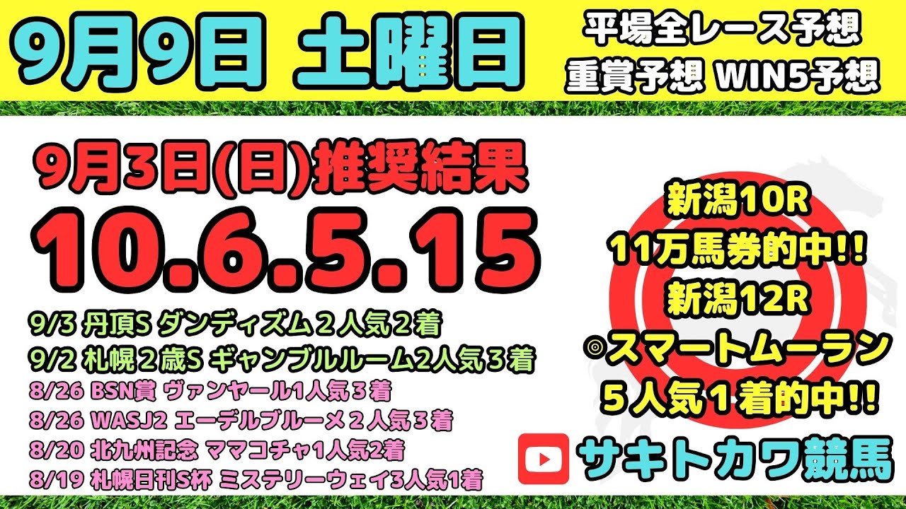 【9月9日(土)】平場 全レース予想 前回は新潟10Rで11万馬券的中!!本日メインレースの紫苑ステークス エニフステークスも的中目指します!!