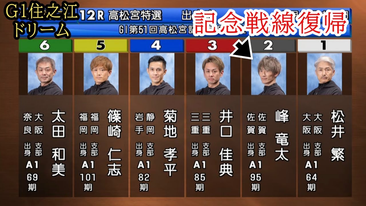 【G1住之江競艇ドリーム】豪華①松井②峰竜太③井口④菊地⑤篠崎仁⑥太田