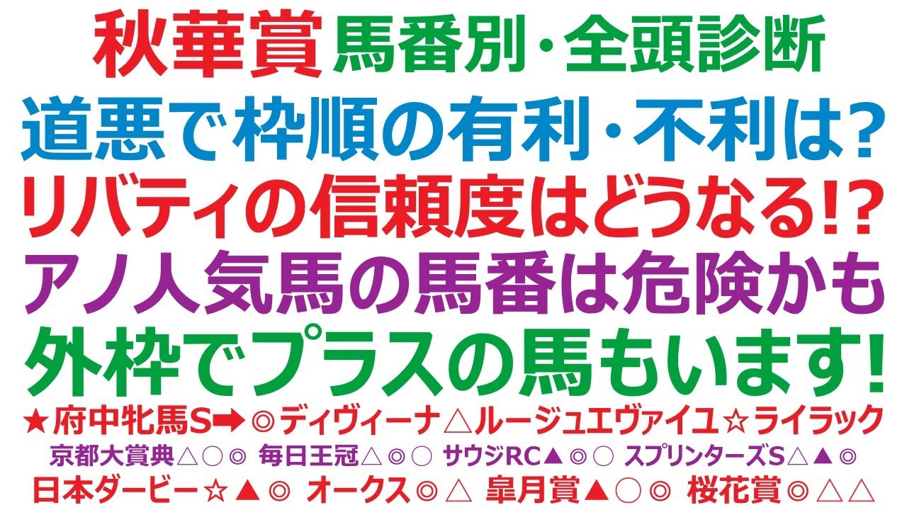 秋華賞2023・馬番別・全頭診断　道悪で枠順の有利・不利は？ リバティアイランドの信頼度はどうなる！？ アノ人気馬の馬番は危険かも。