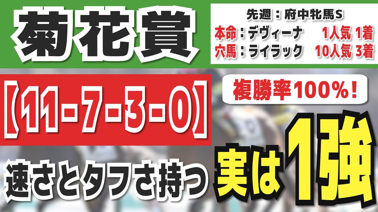 菊花賞2023【11-7-3-0】人気馬2頭は危険かも「速さとタフさを持つ」本命馬を発表！先週は府中牝馬Sで本命馬と10番人気穴馬を的中！