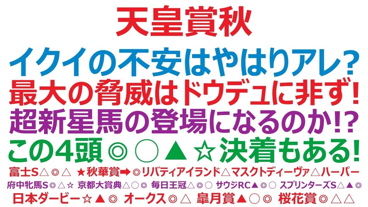 天皇賞秋2023予想　イクイノックスの不安は、やはりアレ？ 最大の脅威はドウデュースではない！ 超新星馬の登場となるのか！？ この4頭◎○▲☆決着もある！