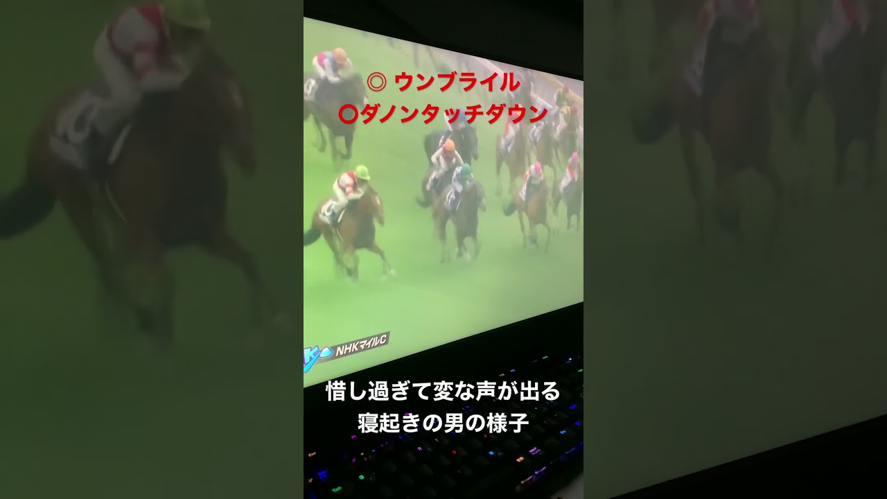 NHKマイルカップにて、8番人気ウンブライル本命の寝起き男が惜敗して変な声が出る様子