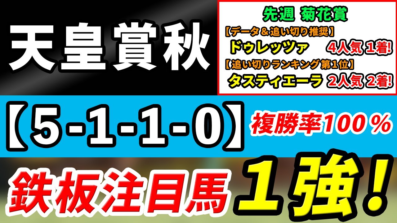 天皇賞秋2023【予想】「5-1-1-0」複勝率100％！イクイノックスではない１強はアノ馬！先週菊花賞は追い切り1位◎タスティエーラ2着！