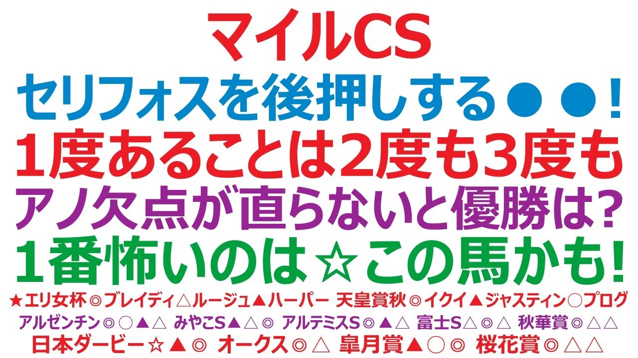 マイルチャンピオンシップ2023予想　セリフォスを後押しする●●！ 1度あることは2度も3度も。アノ馬は欠点が直らないと優勝は？ 1番怖いのは☆この馬かも！