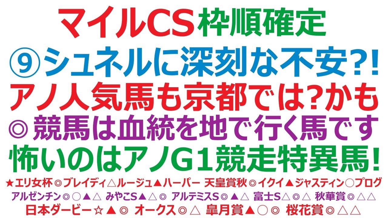 マイルチャンピオンシップ2023枠順確定　⑨シュネルマイスターに深刻な不安？！ アノ人気馬も京都では疑問符かも。◎競馬は血統を地で行く馬です。怖いのはアノG1競走の特異馬！