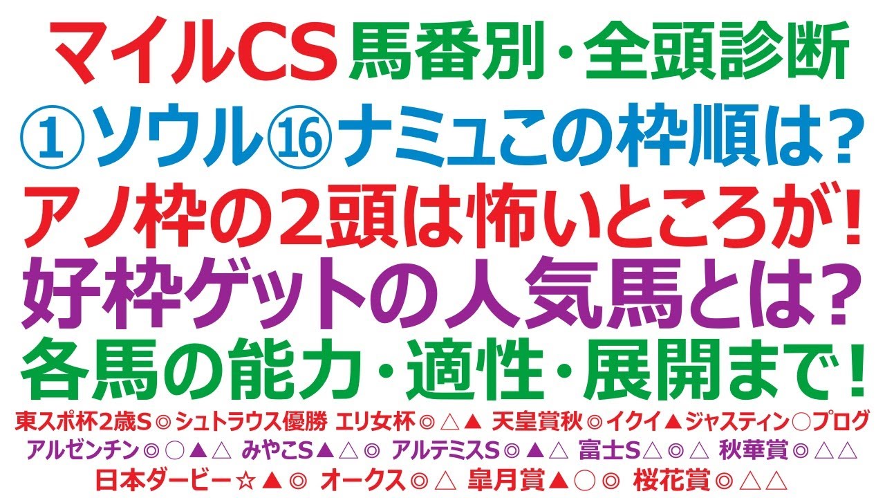 マイルチャンピオンシップ2023・馬番別・全頭診断　①ソウルラッシュ、⑯ナミュール。この枠順はどうなの？ 好枠ゲットの人気馬とは？ 各馬の能力・適性・展開まで。