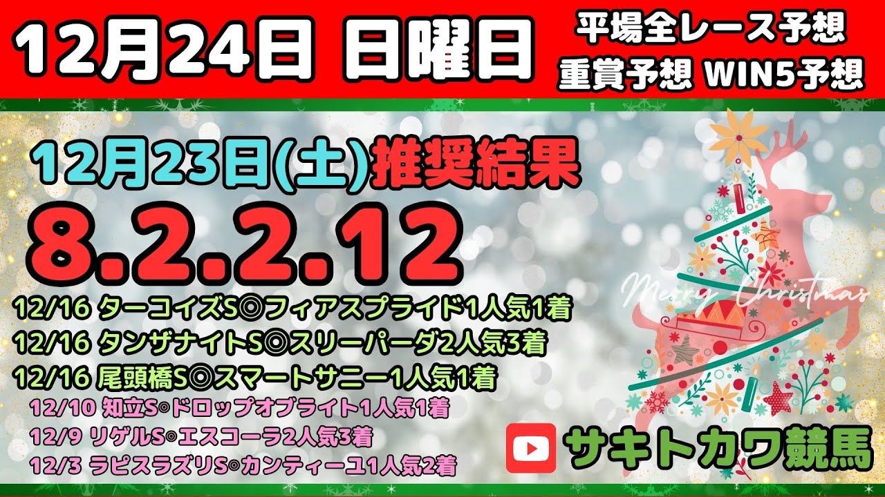 【12月24日(日)】平場 全レース予想 前回推奨結果8-2-2-12 前回中山1Rで８万馬券的中‼有馬記念予想 りんくうステークス予想