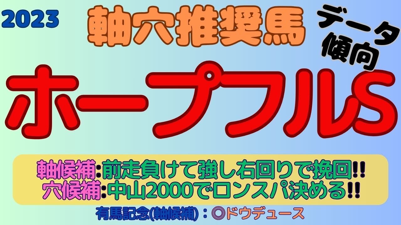 【2023ホープフルS】軸穴推奨馬(データ傾向)～軸候補は前走負けて強しの能力で挽回する！！穴候補はロングスパートで突き抜ける！！～