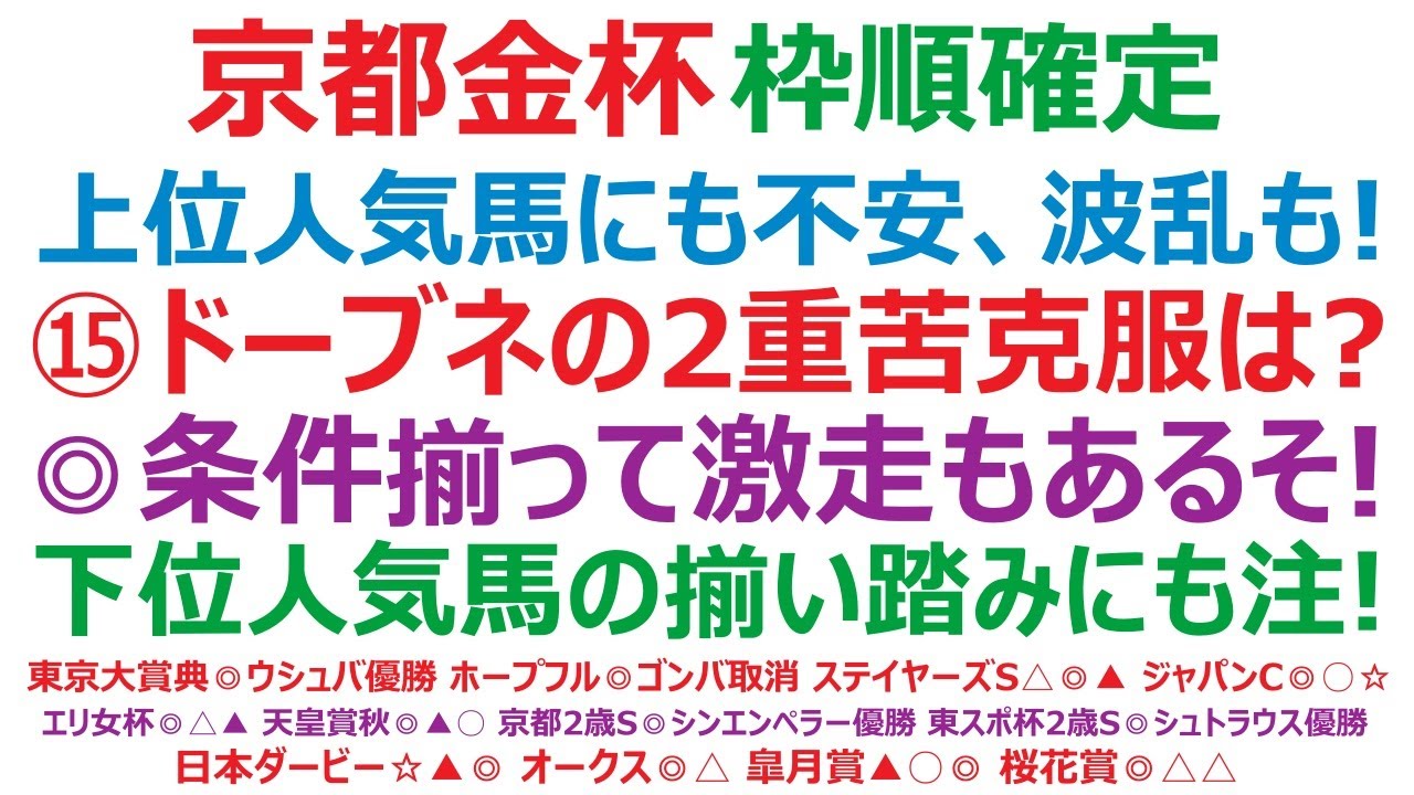 京都金杯2024枠順確定　上位人気馬にも不安あり、波乱も！ ⑮ドーブネの2重苦克服はあるのか？ ◎条件が揃って激走もありそうです。下位人気馬の揃い踏みにも注意です。