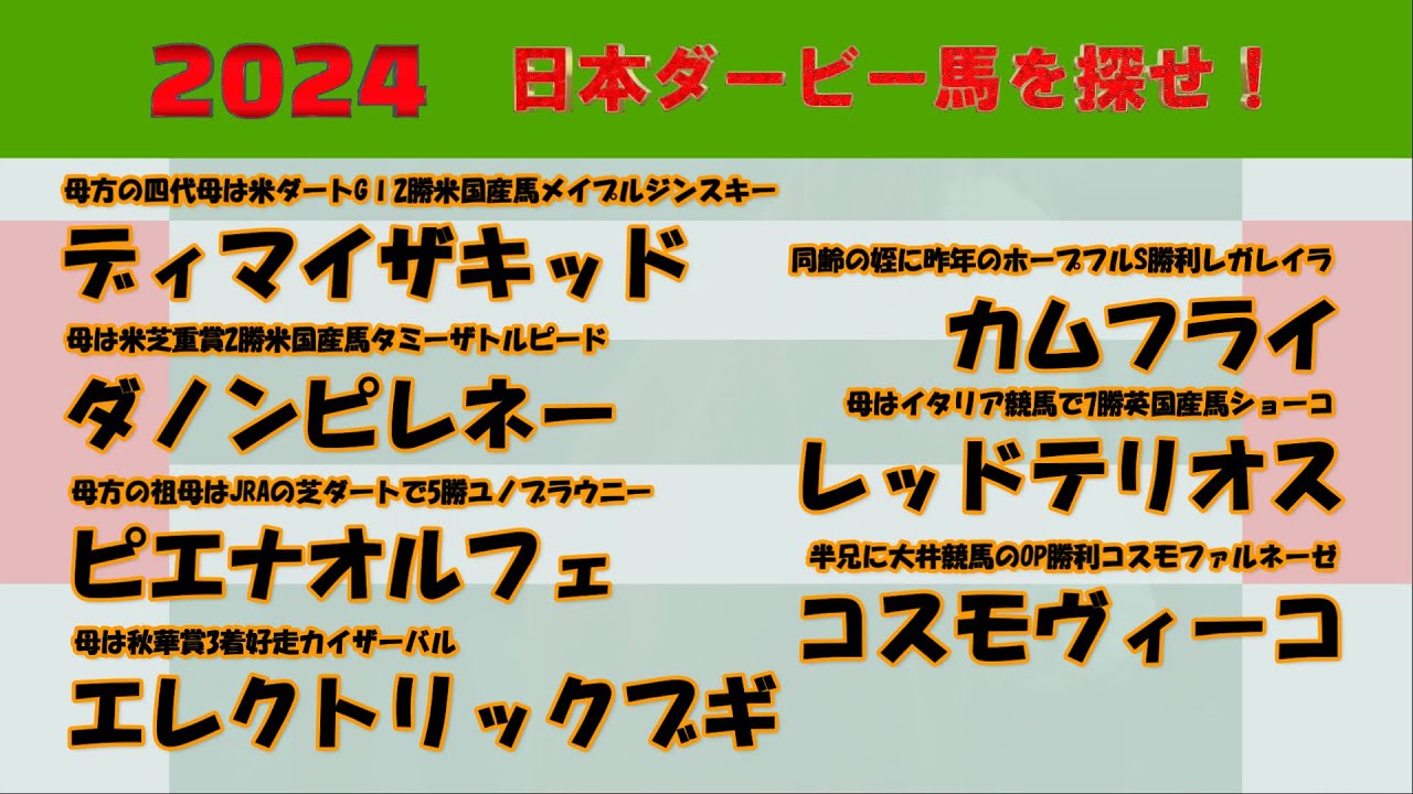 2024年日本ダービー馬を探せ！ #43　ディマイザキッド、ダノンピレネー、ピエナオルフェ、エレクトリックブギ、カムフライ、レッドテリオス、コスモヴィーコを注目馬として取り上げました。