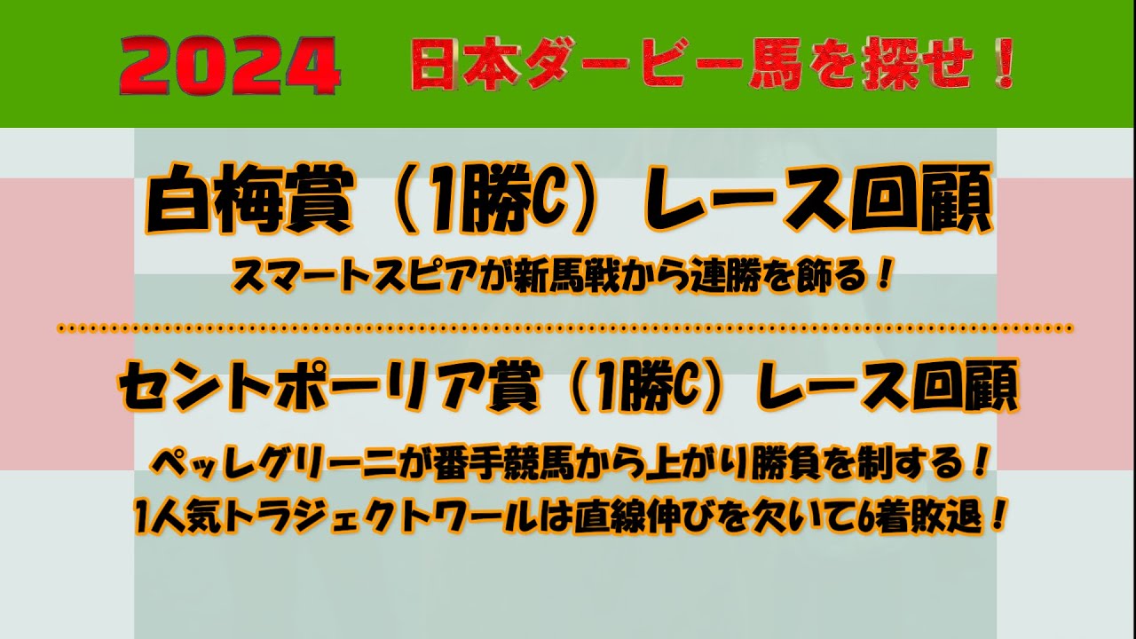 2024年日本ダービー馬を探せ！ #46　白梅賞（1勝C）レース回顧。スマートスピアが新馬戦から連勝を飾る！セントポーリア賞（1勝C）レース回顧。ペッレグリーニが上がり勝負を制する！