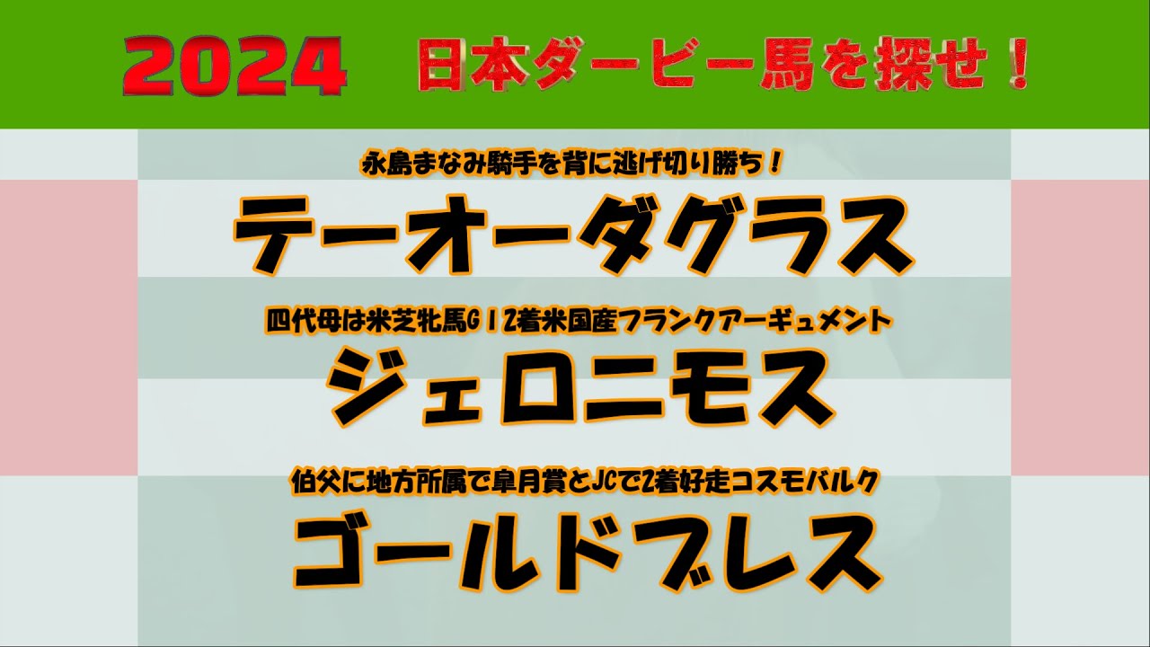 2024年日本ダービー馬を探せ！ #49　テーオーダグラス、ジェロニモス、ゴールドブレスを注目馬として取り上げました。