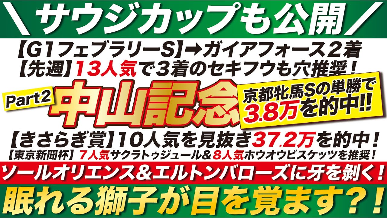 中山記念 2024【予想】眠れる獅子が目を覚ます？！ソールオリエンス＆エルトンバローズに襲い掛かる１頭とは？！サウジカップの注目馬も公開！
