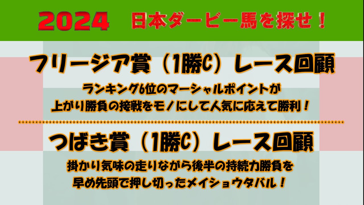2024年日本ダービー馬を探せ！ #52　フリージア賞（1勝C）レース回顧。マーシャルポイントが人気に応えて接戦を制す。つばき賞（1勝C）レース回顧。メイショウタバルが早め先頭押し切り勝ち。