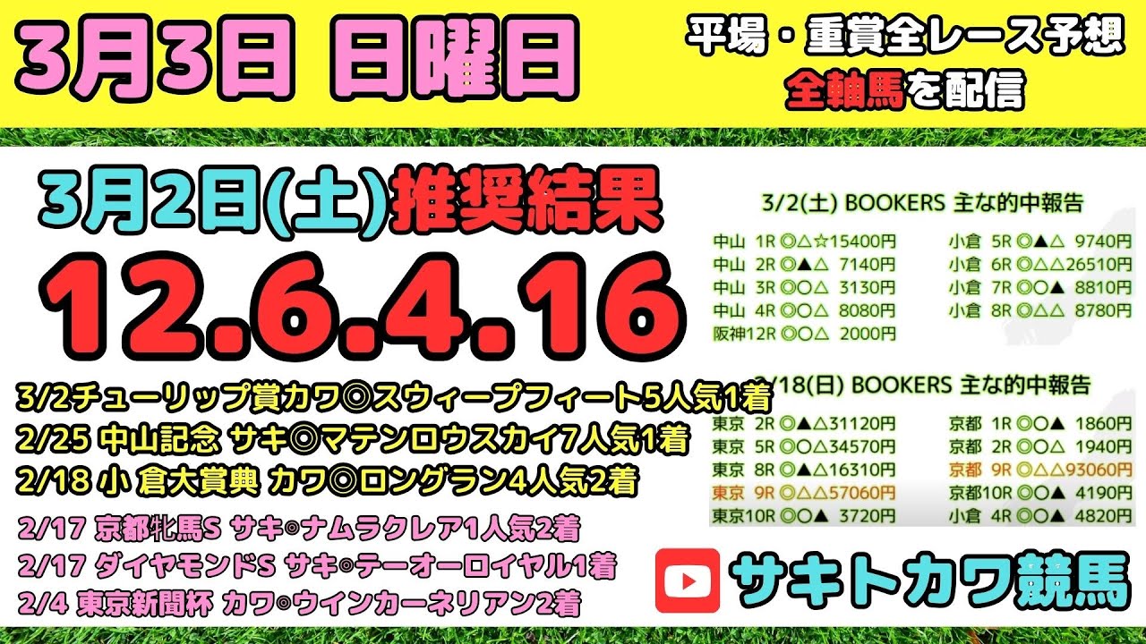 【3月3日(日)】平場 全レース予想 前回推奨結果12-6-4-16 弥生賞ディープインパクト記念 大阪城S 関門橋S