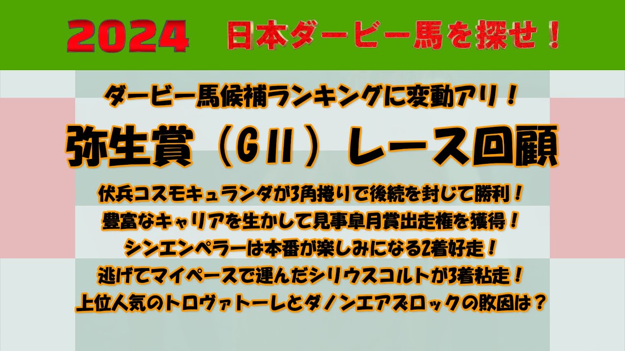 2024年日本ダービー馬を探せ！ #56　弥生賞（GⅡ）レース回顧。コスモキュランダが後続を封じて勝利！2着シンエンペラー、3着シリウスコルト。上位人気のトロヴァトーレとダノンエアズロックの敗因は？