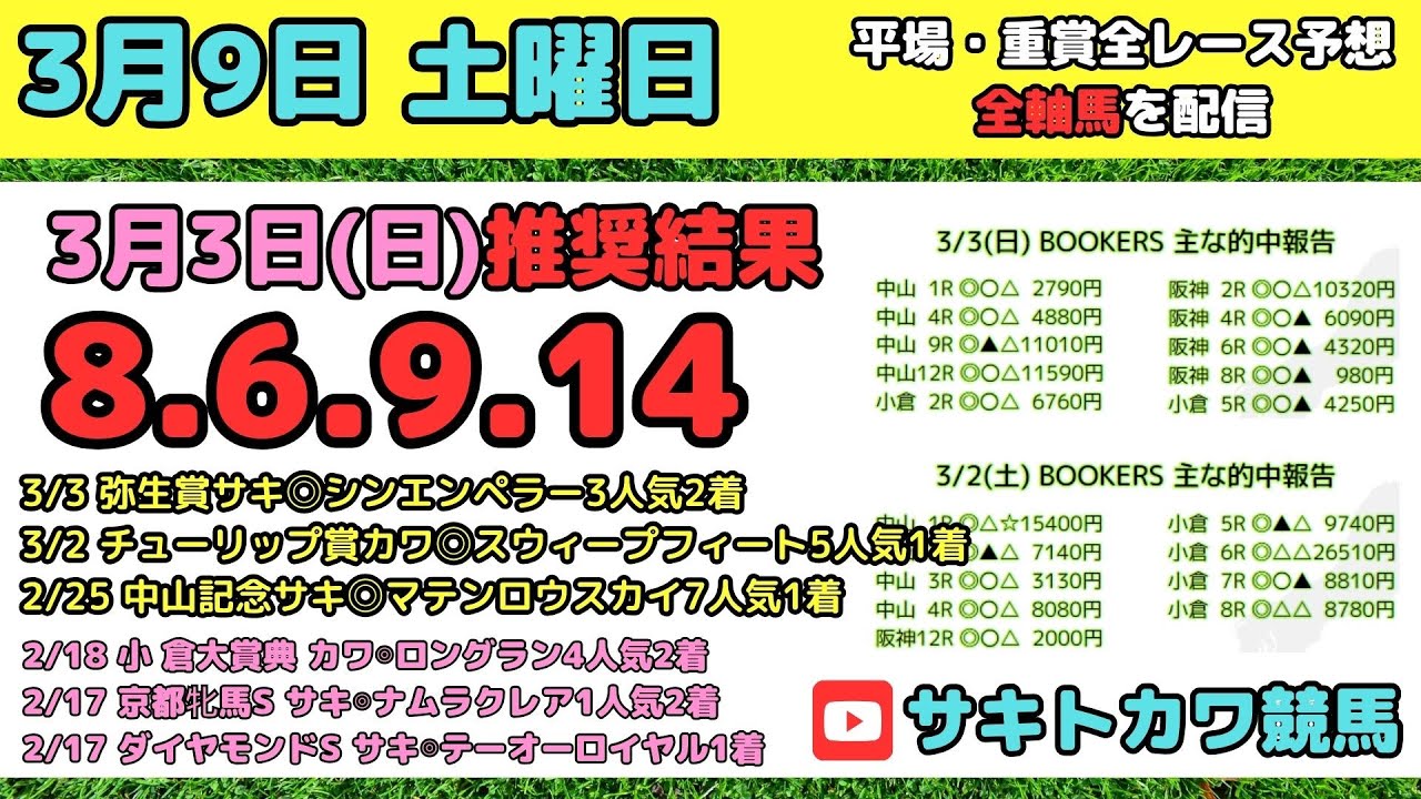 【3月9日(土)】平場 全レース予想 前回推奨結果8-6-9-14 中山牝馬S コーラルS 中京スポーツ杯