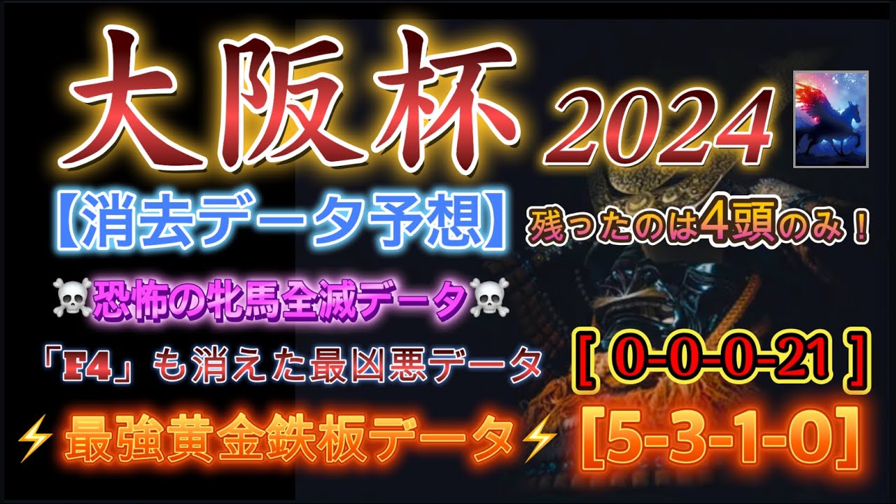 【消去データ予想】大阪杯 2024 予想 9大消去データで残ったのは４頭！「牝馬全滅データ」「〝Ｆ４〟も消えた最凶データ［0-0-0-21］」⚡️鉄板黄金データ⚡️［5-3-1-0］！【中央競馬予想】