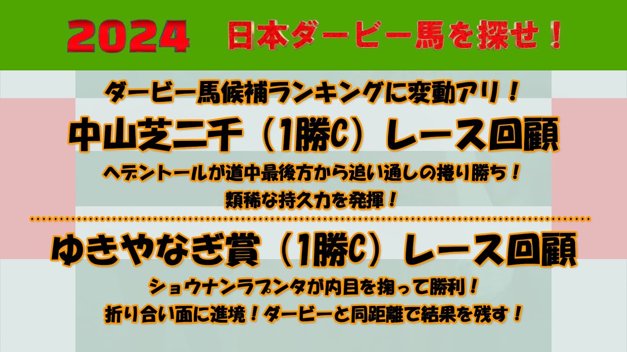 2024年日本ダービー馬を探せ！ #58　先週の中山芝二千（1勝C）レース回顧。ヘデントールが人気に応えて捲り勝ち！ゆきやなぎ賞（1勝C）レース回顧。ショウナンラプンタが巻き返した！