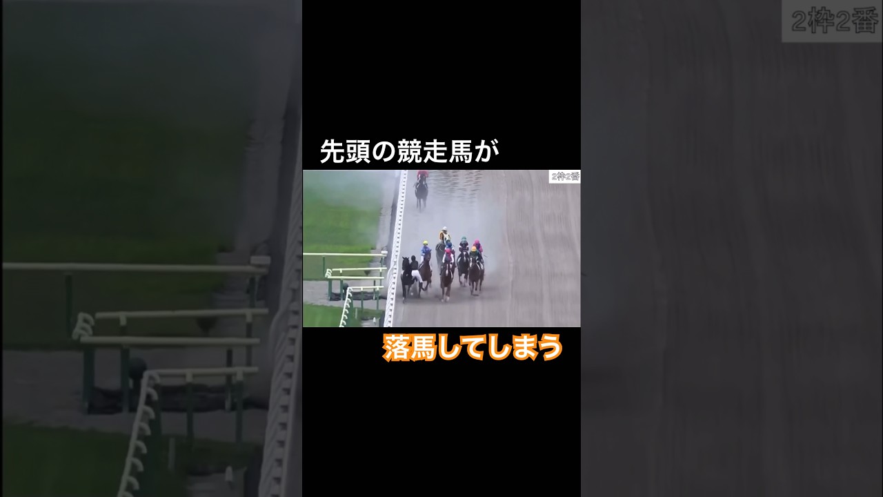 先頭の競走馬が落馬し馬群の中へ