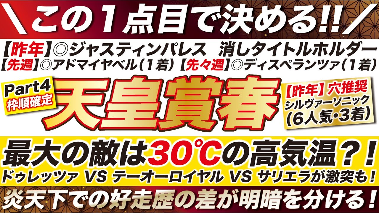 天皇賞春 2024 【予想】最大の敵は30℃の高気温？！ドゥレッツァ VS テーオーロイヤル VS サリエラが激突も！炎天下での好走歴の差が明暗を分ける！