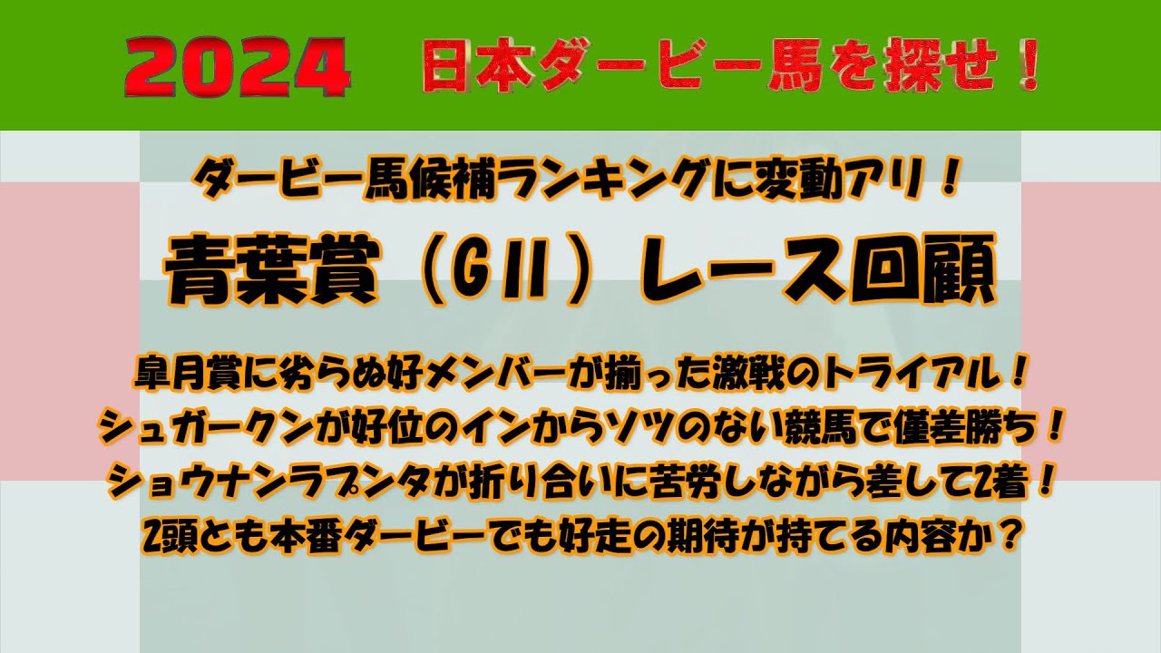 2024年日本ダービー馬を探せ！ #67　ダービートライアルである青葉賞（GⅡ）レース回顧。シュガークンとショウナンラプンタがダービー優先出走権を獲得！2頭とも本番でも好走の期待が持てる内容だったか？
