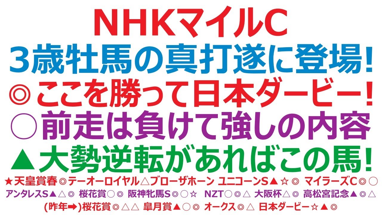 NHKマイルカップ2024予想　3歳牡馬の真打遂に登場！ ◎ここを勝って日本ダービーだ。○前走は負けて強しの内容。▲大勢逆転があればこの馬！
