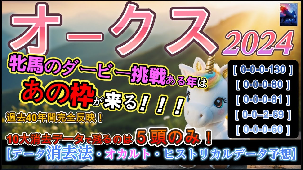 【データ消去法・オカルト・ヒストリカルデータ予想】オークス 2024 予想 〜39年間の完全消去データで斬る！残るのは５頭！「牝馬のダービー挑戦ある年のオークス馬券法則」【中央競馬予想】