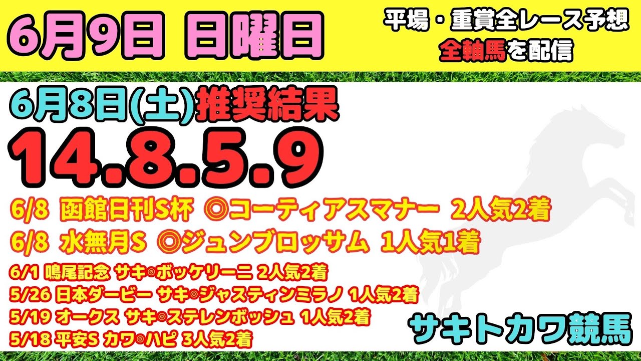 【6月9日(日)】平場 全レース予想 前回推奨結果14-8-5-9 エプソムカップ 函館スプリントステークス 三宮ステークス