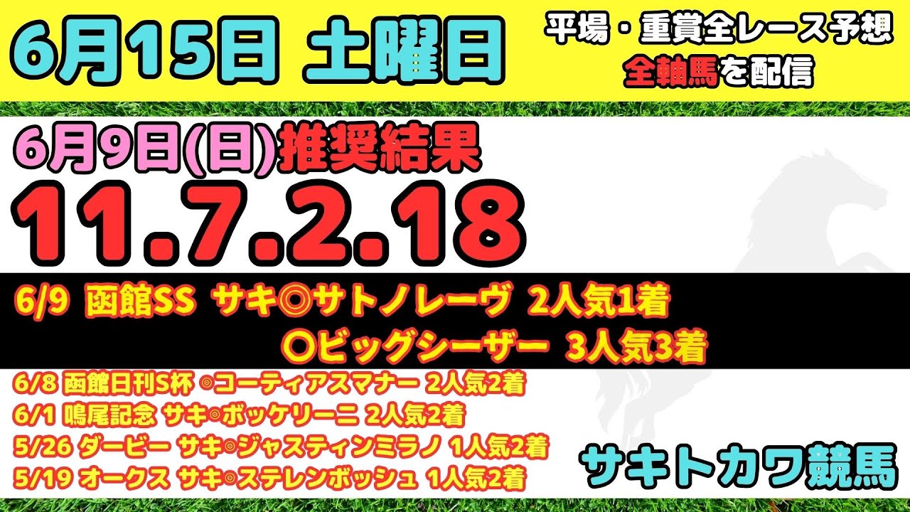 【6月15日(土)】平場 全レース予想 前回推奨結果11-7-2-18 米子ステークス 多摩川ステークス STV杯