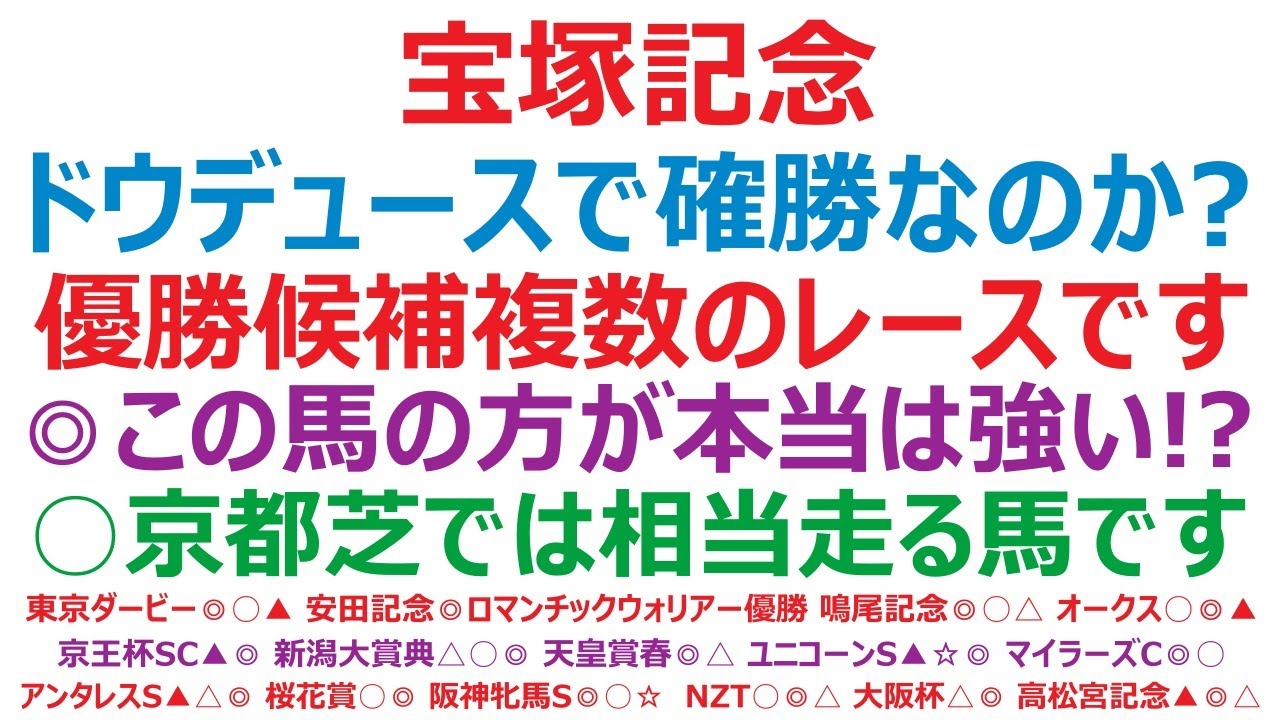 宝塚記念2024予想　ドウデュースで確勝のレースなのか？ 優勝候補複数のレースです。◎この馬の方が本当は強い！？ ○京都芝では相当走る馬です。